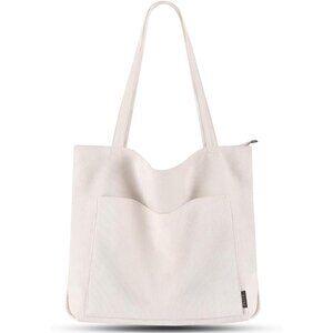 Women's Beige Corduroy Large Shoulder Zipper College Travel Shopping Tote Bag